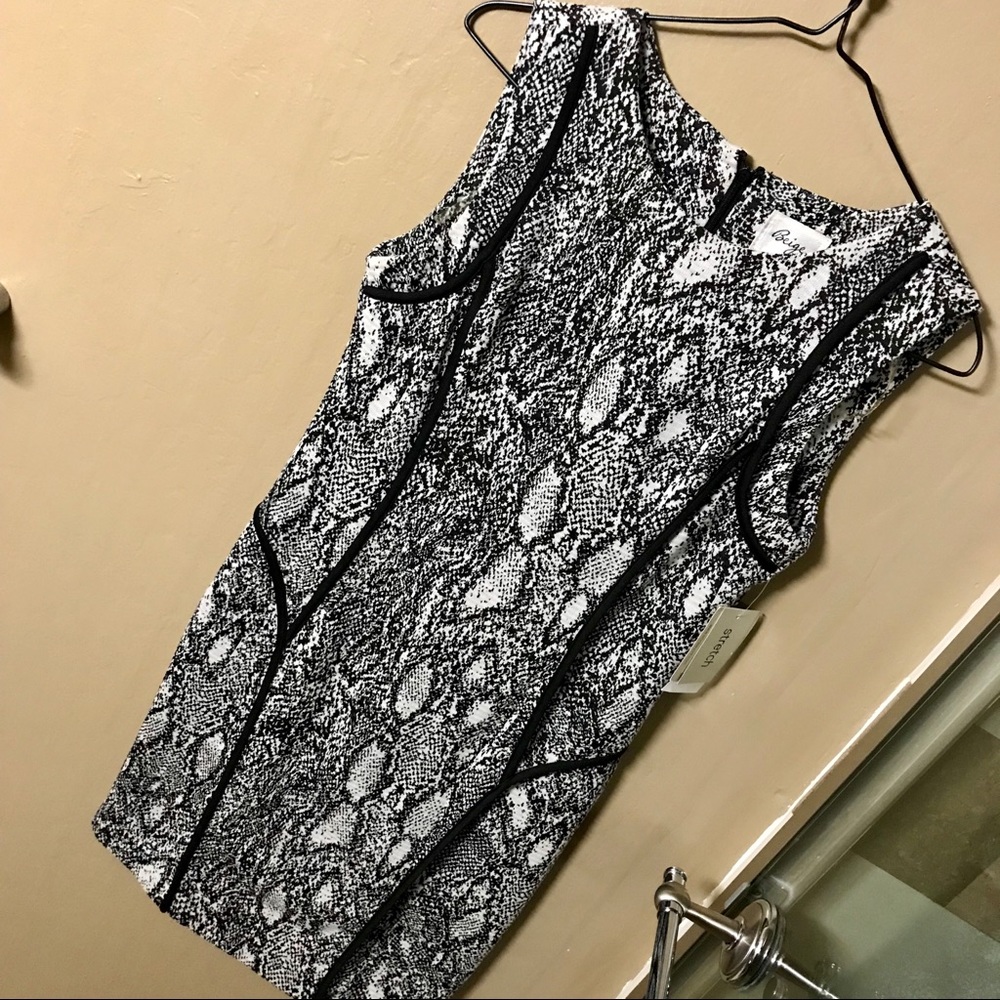 Stretchy snakeskin pattern dress with black piping
